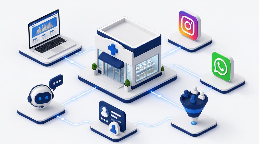 Ecosistema digital da farmácia conectado a site, Instagram, WhatsApp, IA, CRM e funil de vendas